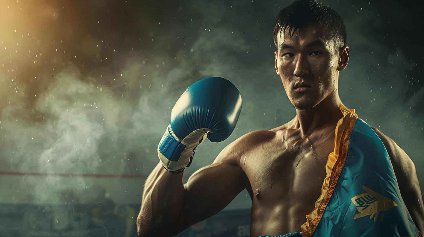 Focused boxer with blue gloves in a dramatic smokey setting