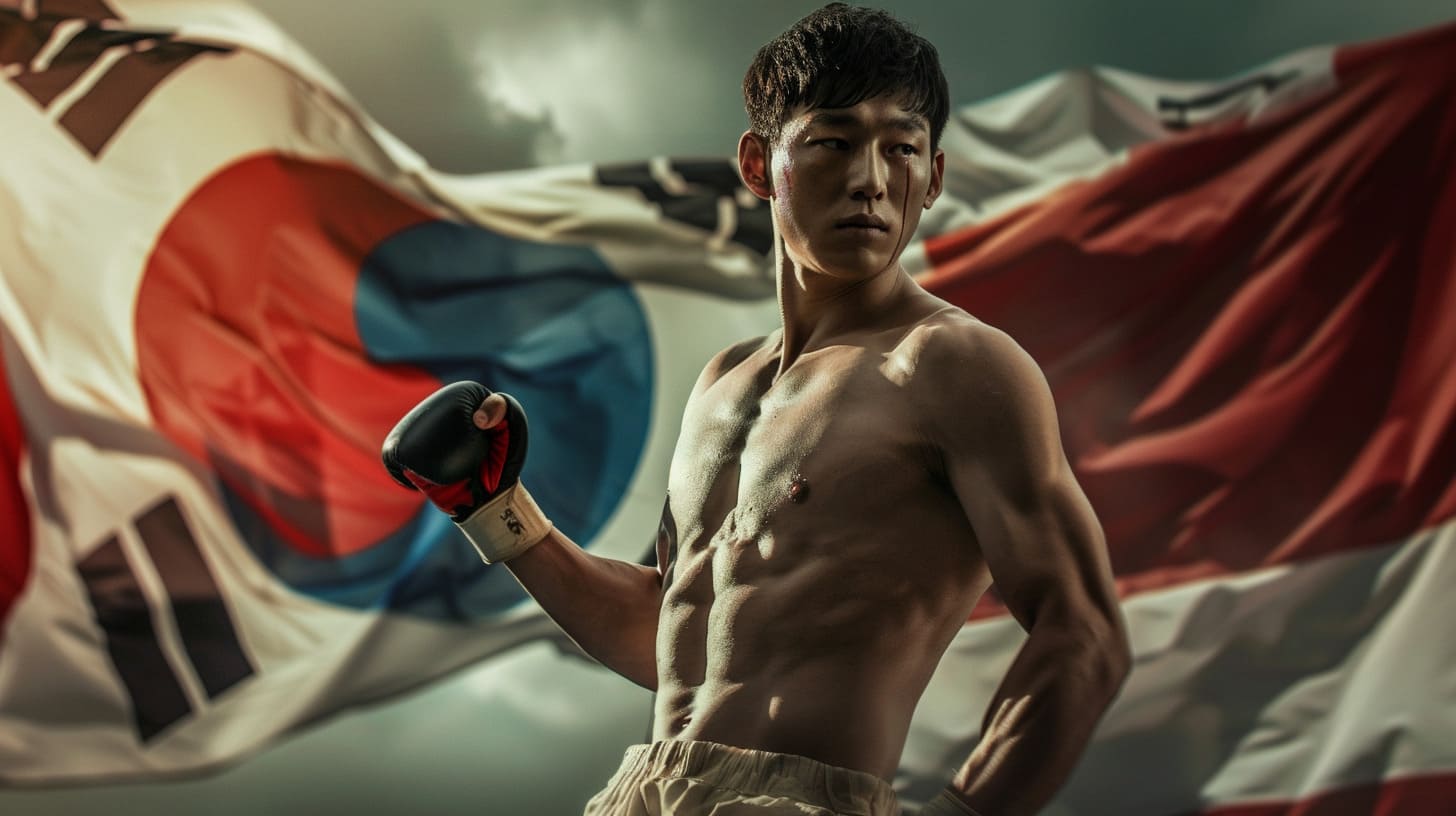 Korean boxer with national flag in the background