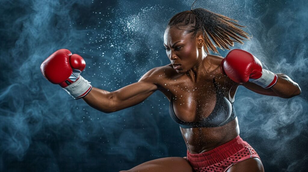 Female boxer throwing punch with red boxing gloves in a smoky gym atmosphere.