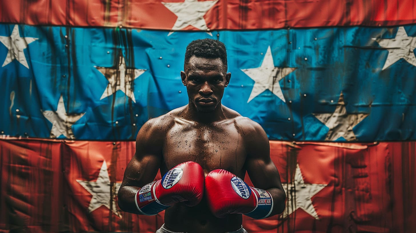 Boxer with red gloves standing in front of a wrinkled Puerto Rican flag
