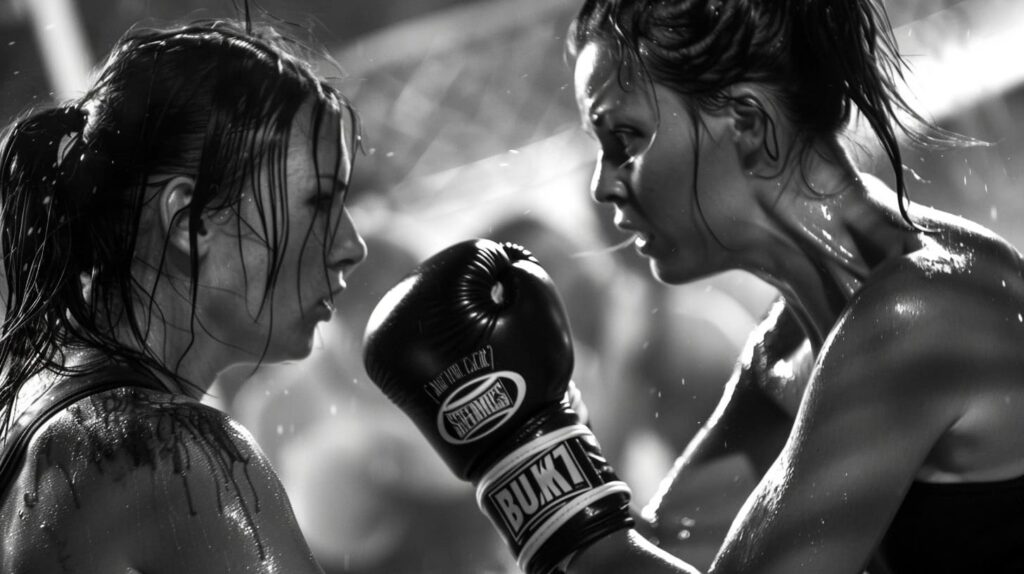 Intense black and white image of two female boxers facing off in the ring