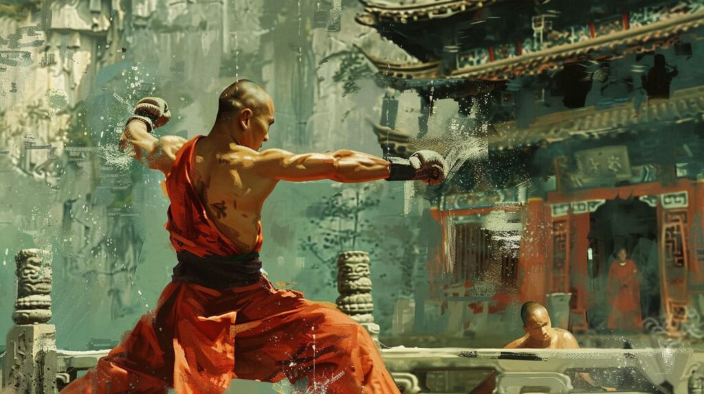 Shaolin monk practicing martial arts with water splash in ancient temple setting