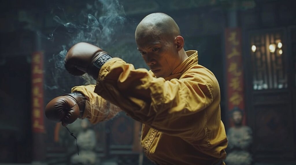 Shaolin monk in traditional robes practicing martial arts with boxing gloves in a temple