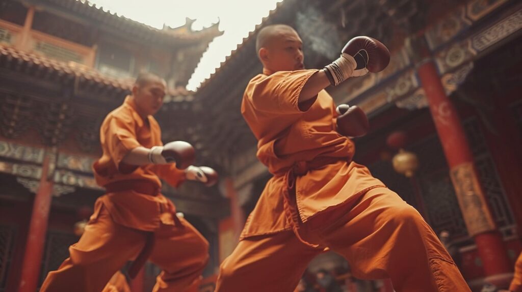 Shaolin monks practicing martial arts in traditional orange robes