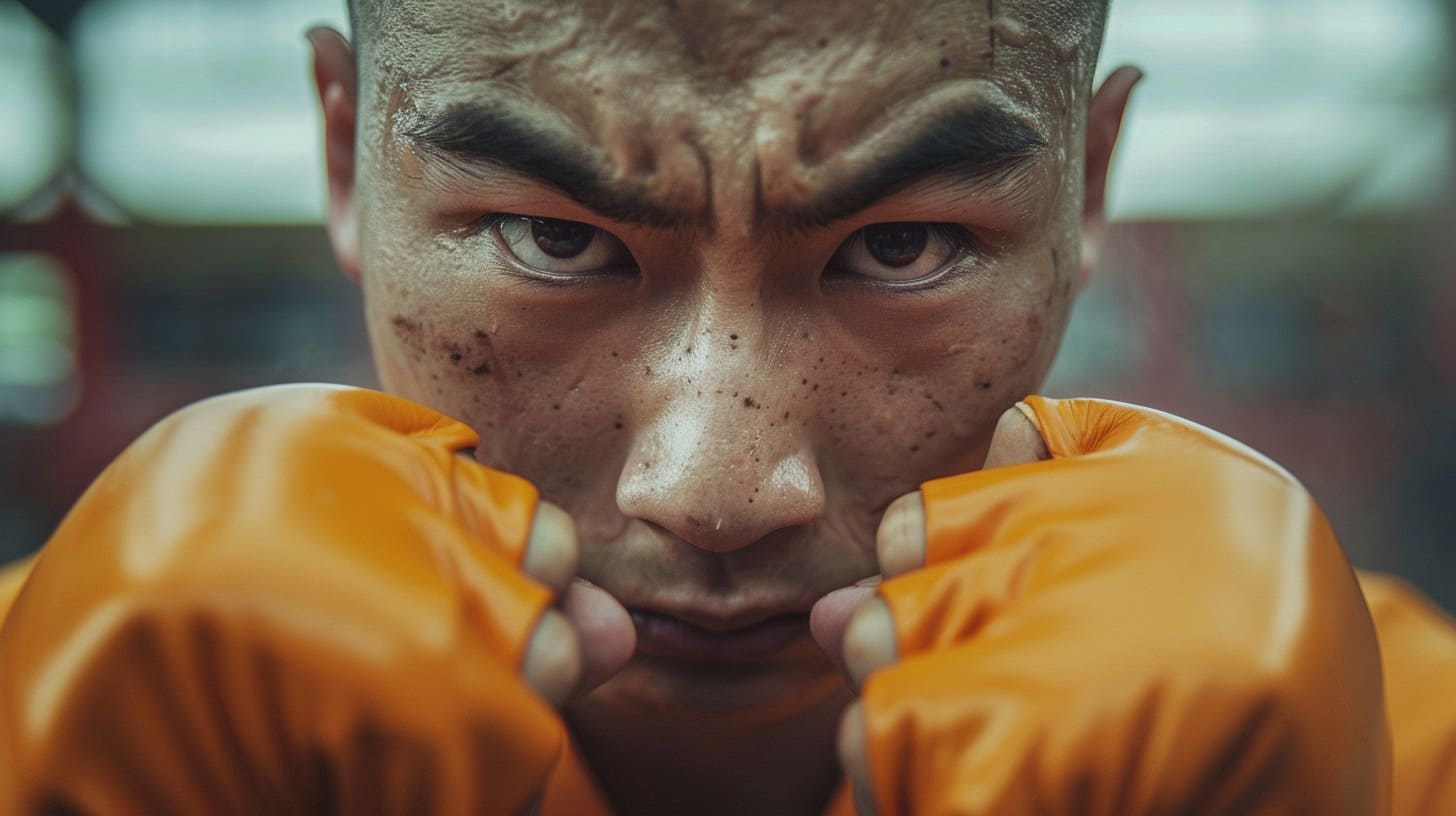 Focused boxer with intense gaze wearing orange boxing gloves