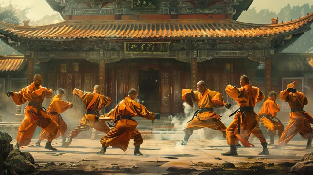 Shaolin monks practicing martial arts in a temple courtyard.