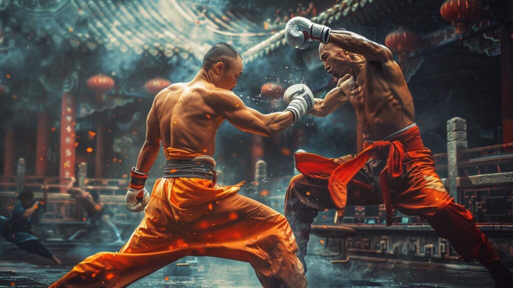 Martial arts fighters in traditional gear exchanging blows in a dramatic, cinematic Chinese temple setting.