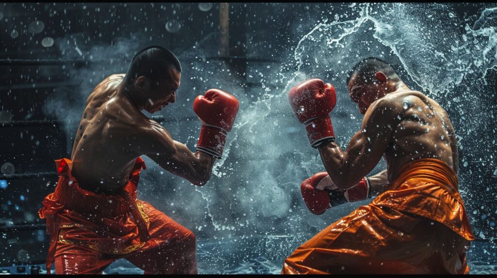 Two Muay Thai fighters exchanging blows with dynamic water splash effect in the ring.