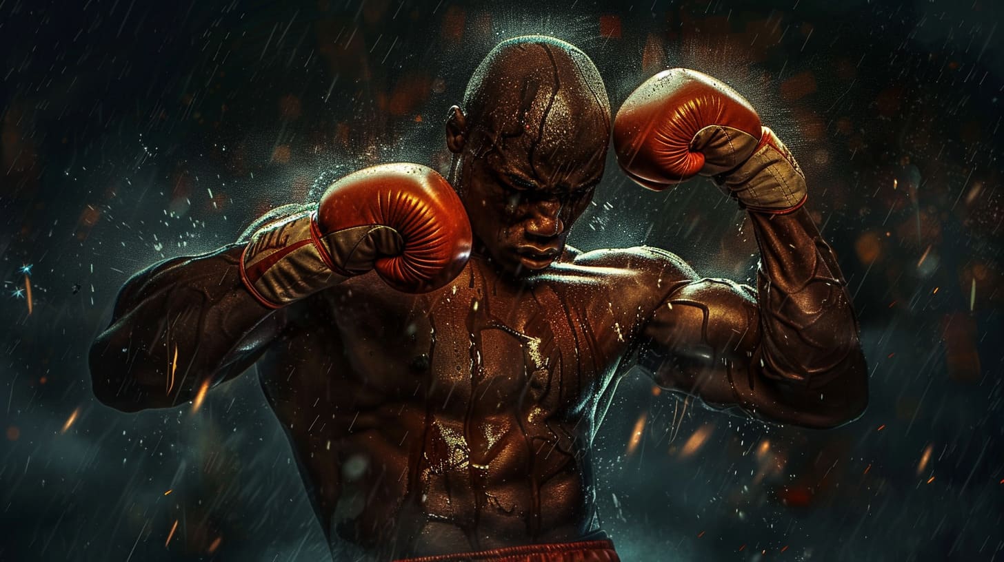 Boxer in defensive stance with gloves up under dramatic lighting and rain effects.