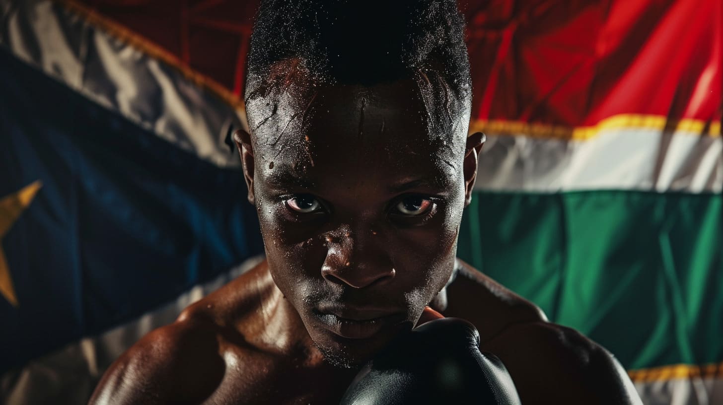 Intense young boxer with gloves against a flag background