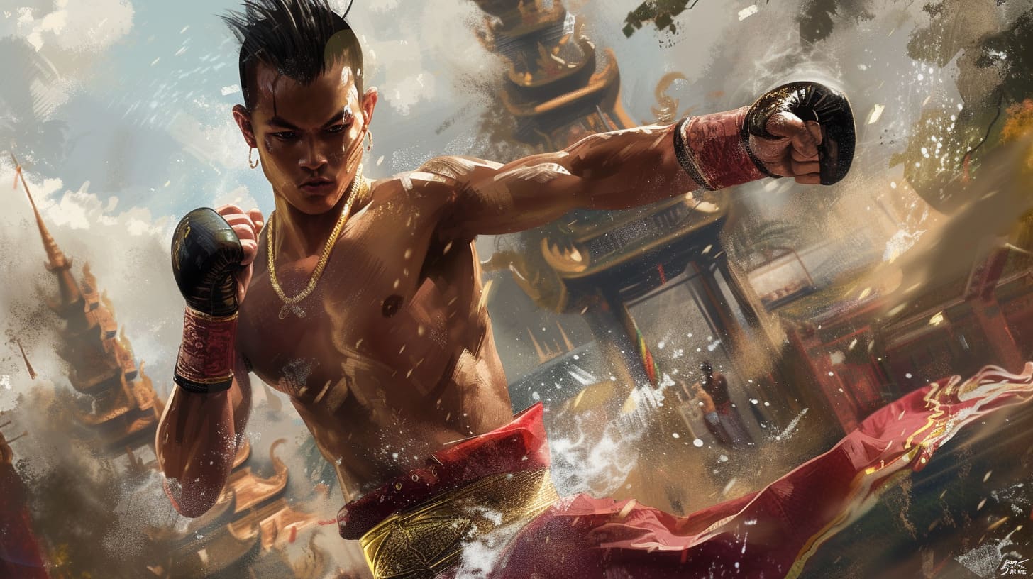Dynamic Muay Thai fighter in action with traditional Thai temple in the background