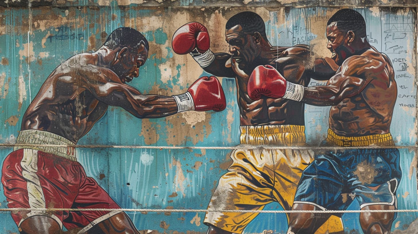 Boxing mural on urban wall depicting two boxers in a match
