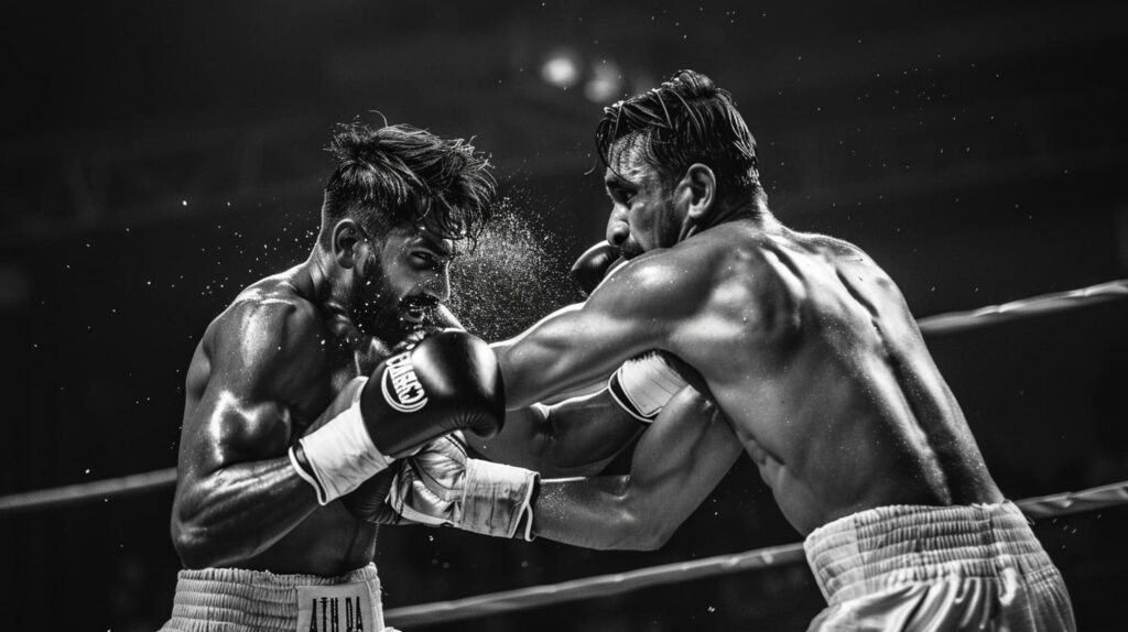 Intense boxing match with a powerful punch connecting and sweat flying off the fighter's face in black and white.