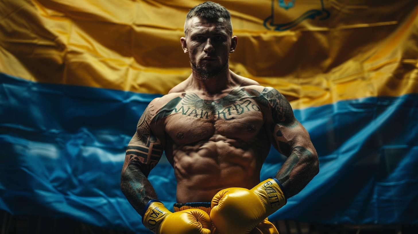 Muscular tattooed boxer with yellow boxing gloves against a blue and yellow background