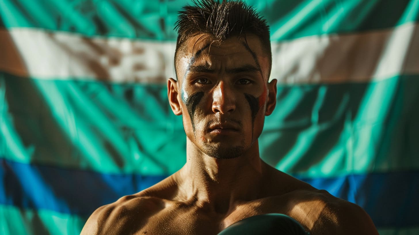 Determined fighter with warrior face paint posing in front of a flag