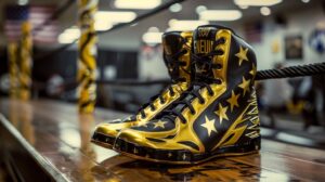 Gold and black wrestling boots with star design on display in a gym