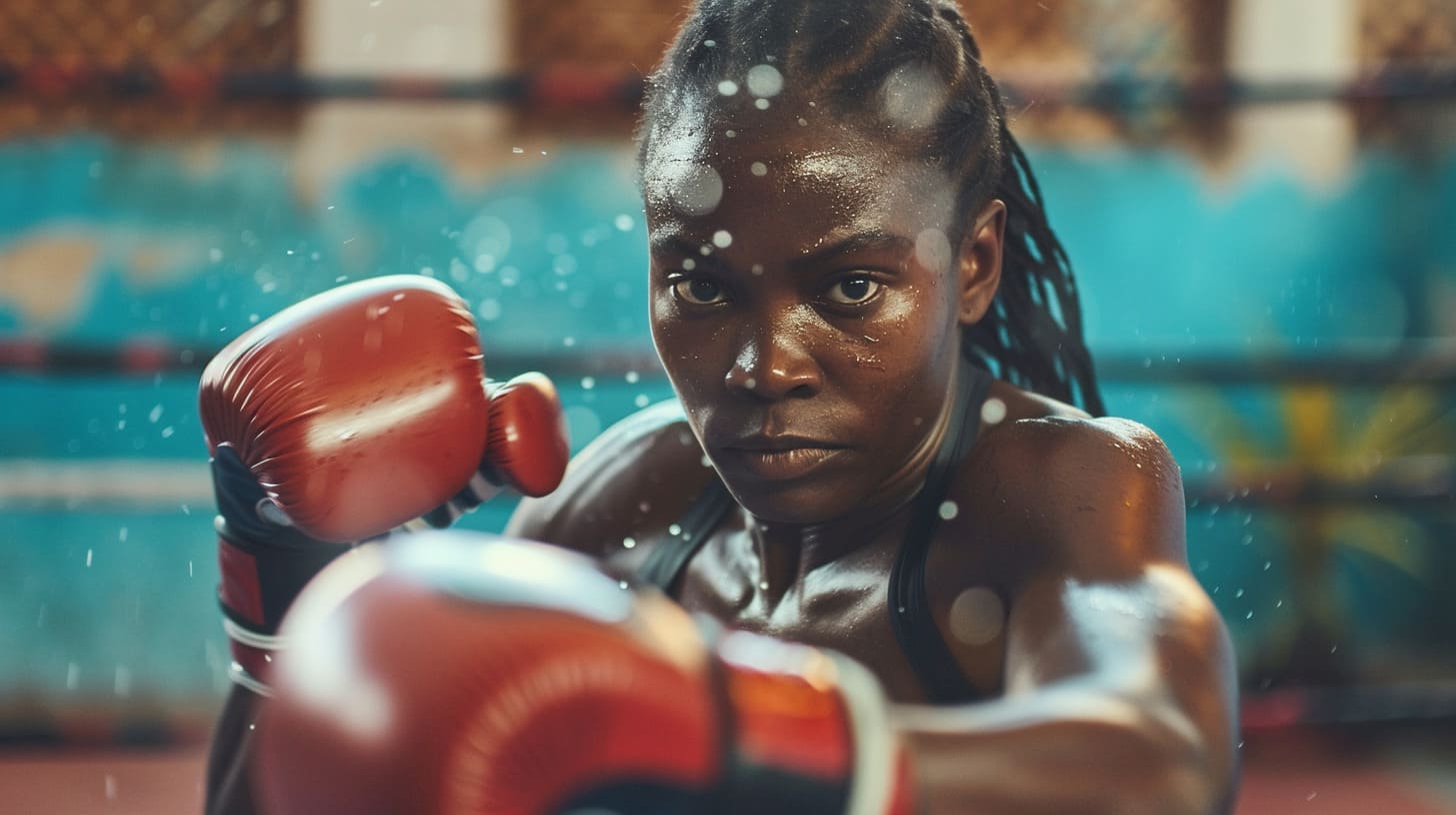 Focused female boxer with red gloves training in a gym