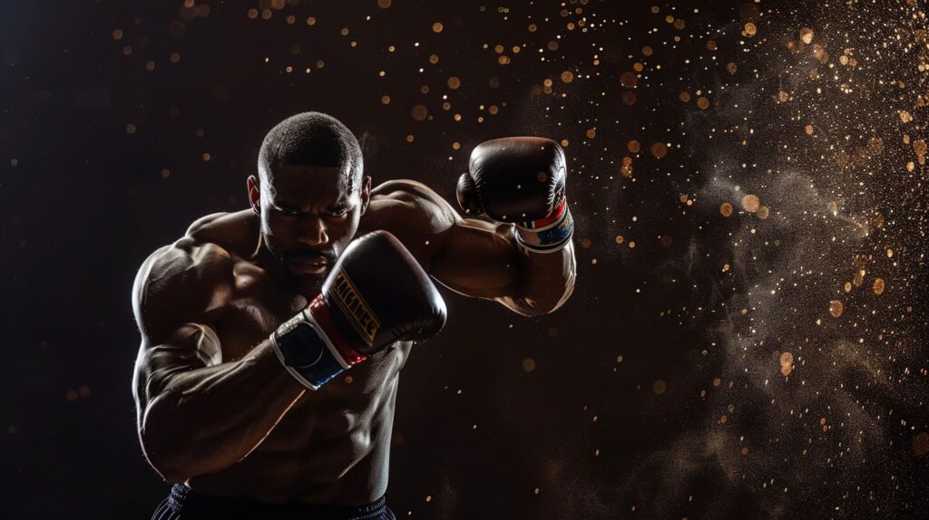 Powerful male boxer throwing a punch with determination and strength during training.