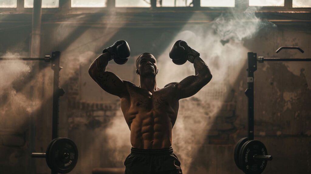 Shirtless muscular boxer training with heavy dumbbells in a gritty gym with sunlight streaming through the window