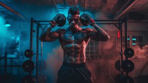 Muscled tattooed boxer training in gym with boxing gloves