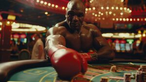Boxer throwing a punch at a casino roulette table with chips and blurred casino background.