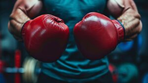 Close-up of a boxer in red gloves ready to fight in a gym