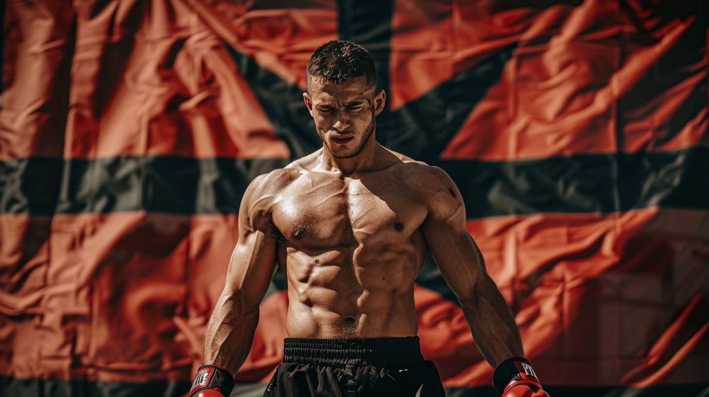 Shirtless boxer with gloves posing confidently with a large flag in the background.