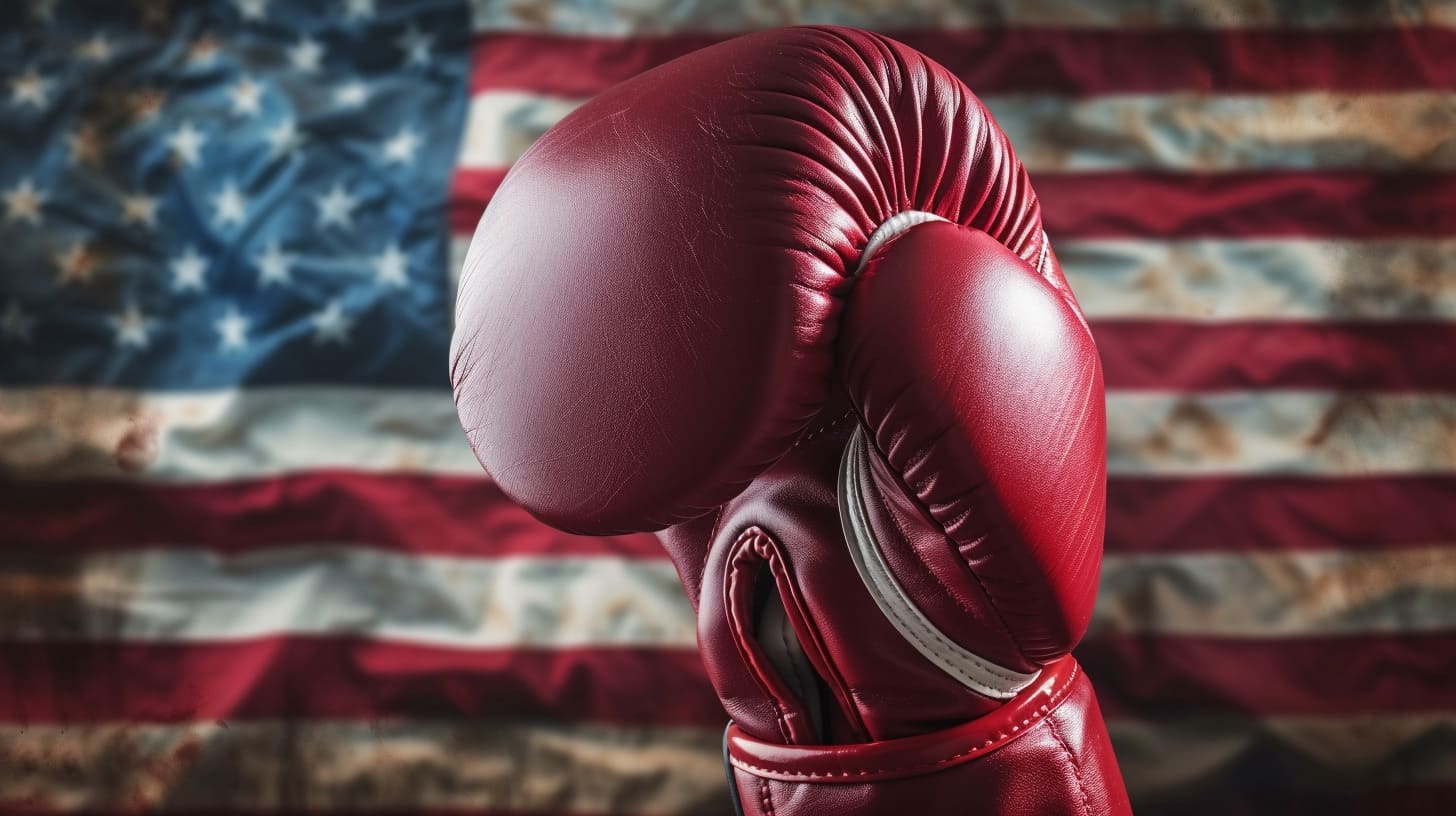 Red boxing gloves with American flag background