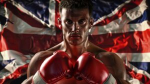 Determined boxer with red gloves against UK flag background.