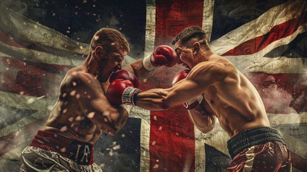 Two boxers in a match with UK flag in the background