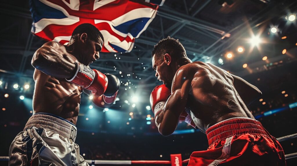 Two boxers in a ring competing under the UK flag
