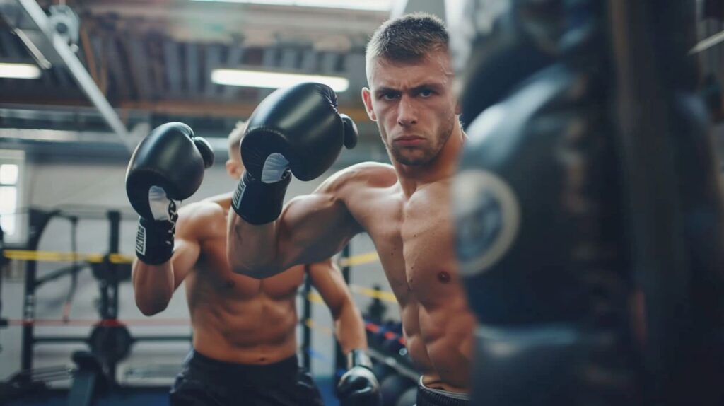 Focused male boxer training punches in gym