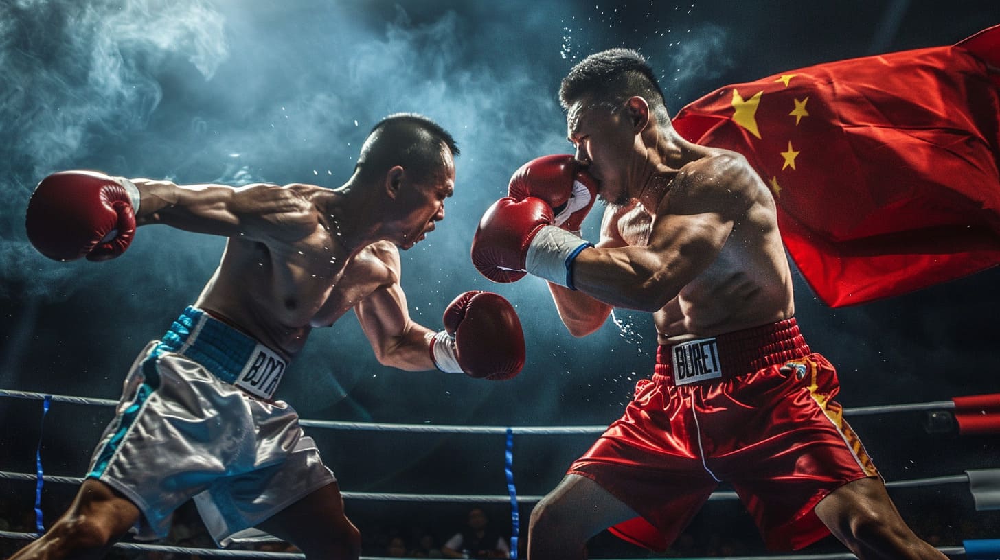 Intense boxing match with one boxer wearing flag-themed shorts landing a punch on opponent.