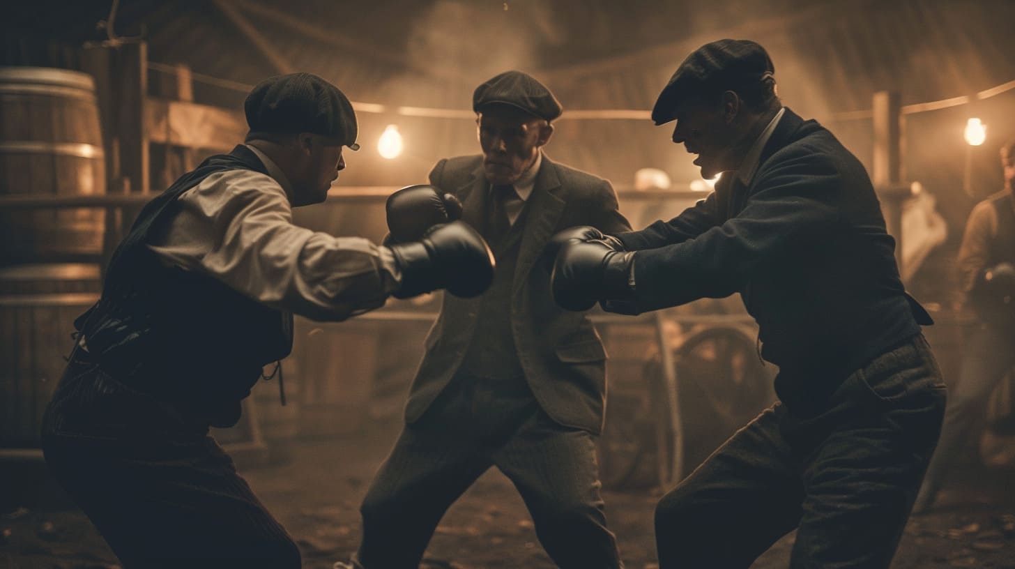 Vintage boxing match in a rustic setting with two men sparring under warm lighting.