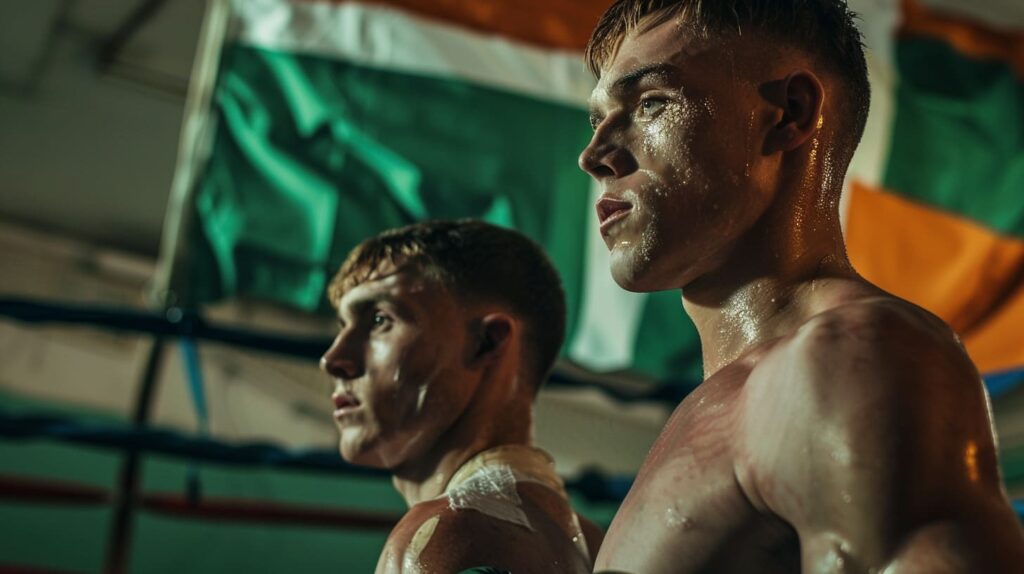 Two determined boxers standing before an Irish flag in a boxing gym.