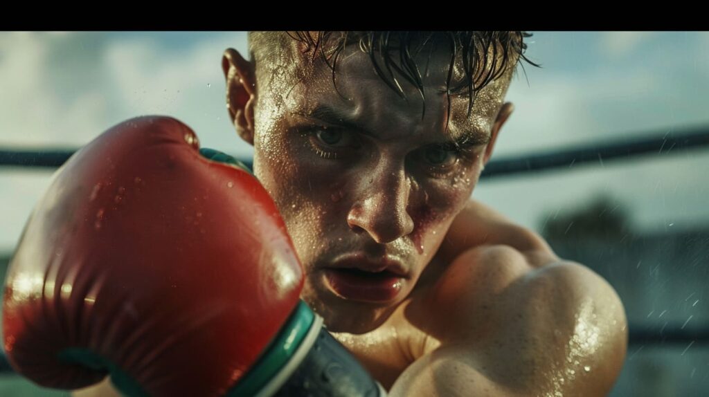 Intense young boxer with focus and determination in the ring