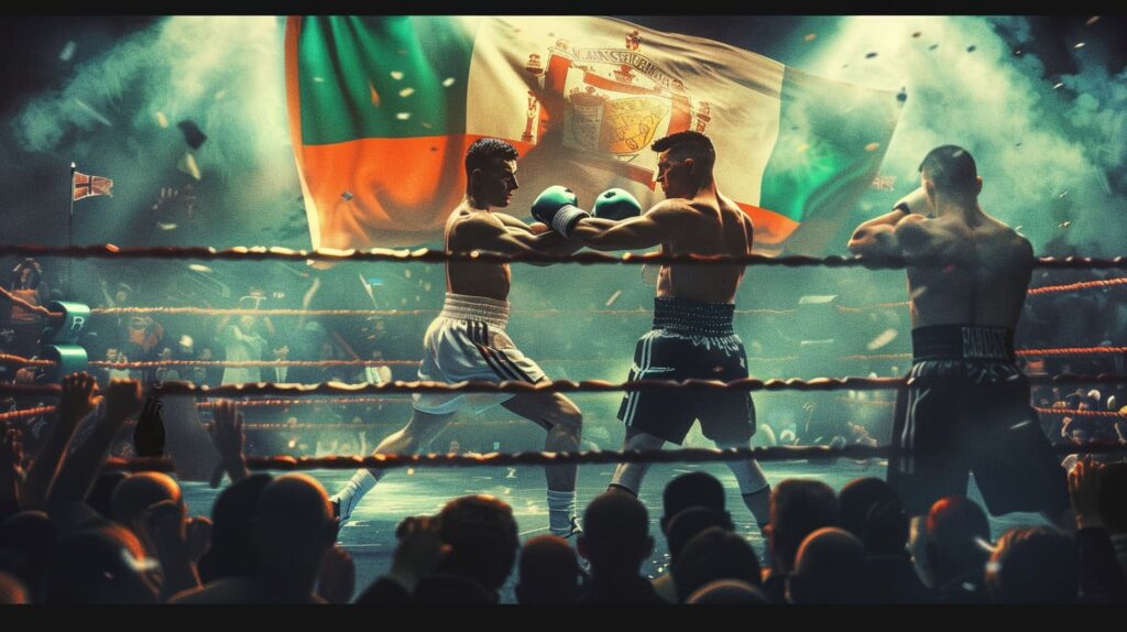 Dramatic boxing match with fighters exchanging punches in a ring under national flags