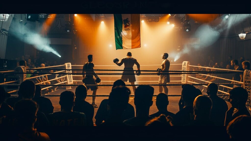 Boxing match in ring with audience silhouettes and dramatic lighting