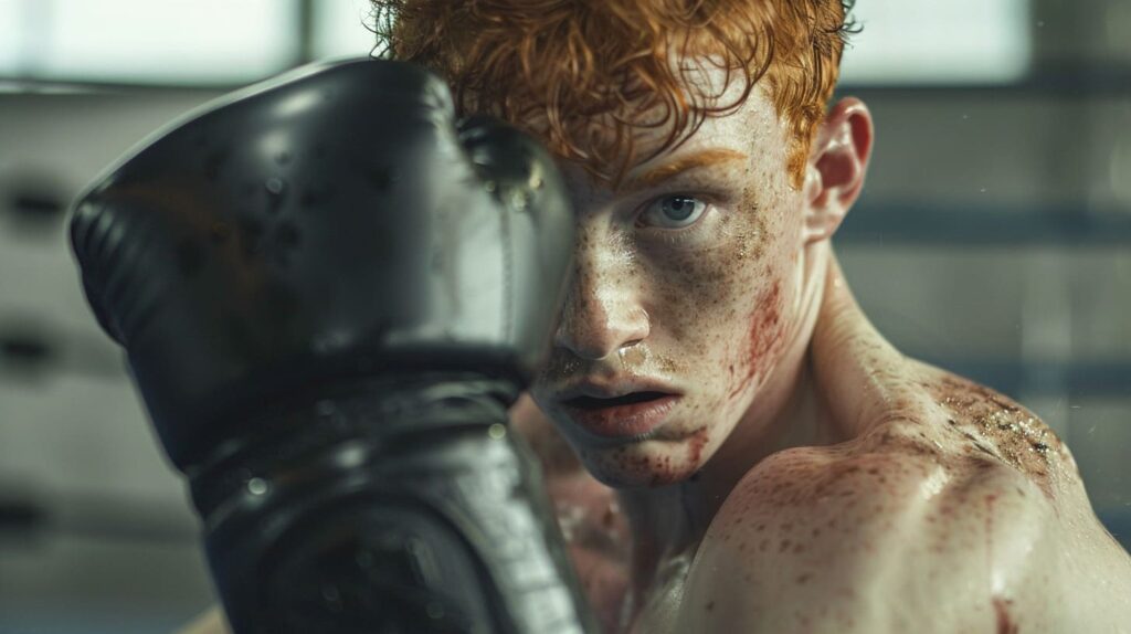 Intense young redhead boxer with focused gaze, wearing boxing glove, perspiring after a fight or training.