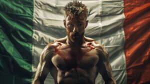 Sweaty muscular boxer in front of Italian flag