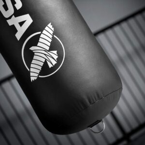 Close-up of a black punching bag with Everlast logo