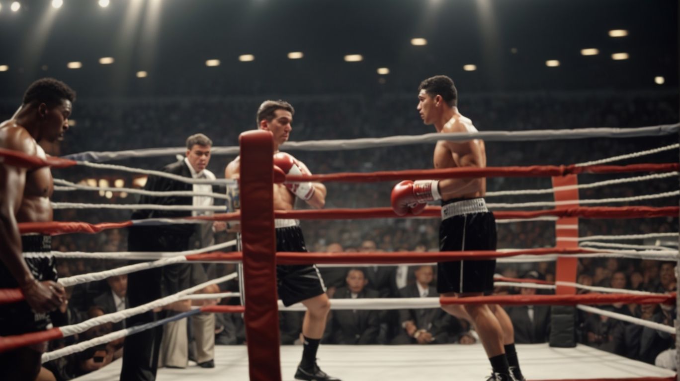 Intense boxing match scene with two boxers facing off in a crowded arena.