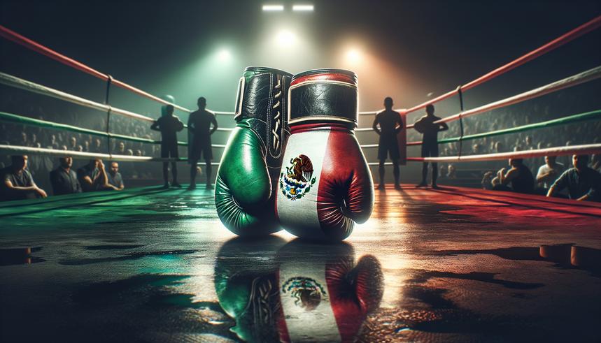 Boxing gloves with Mexican flag design in the ring with audience and referee in the background