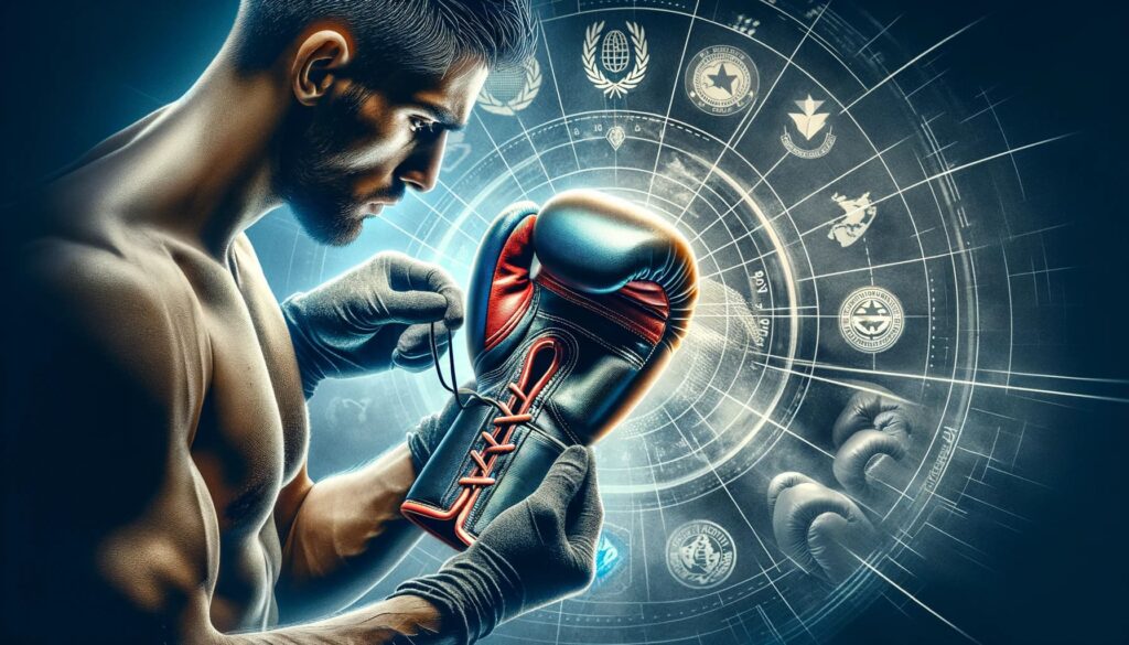 Focused male boxer lacing up red boxing gloves with determination against a futuristic gym background