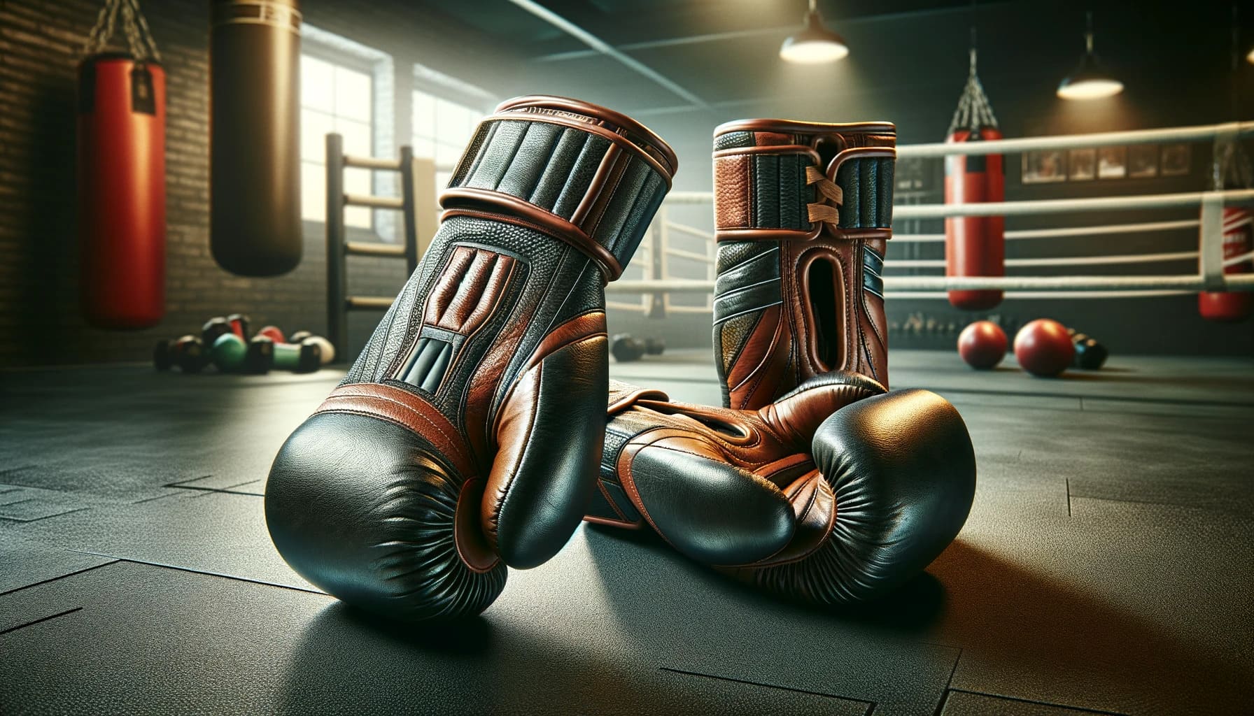 Vintage leather boxing gloves in a classic gym with punching bags and boxing ring in the background
