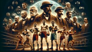 Historical boxing legends montage with vintage boxers and old-fashioned sport equipment