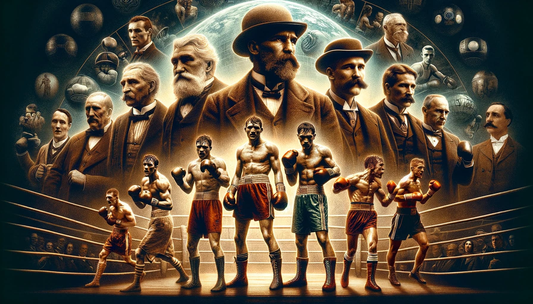 Historical boxing legends montage with vintage boxers and old-fashioned sport equipment