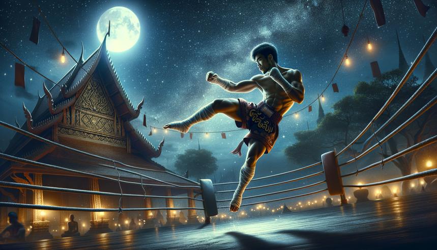 Muay Thai fighter training at night under the moonlight near a traditional Thai temple