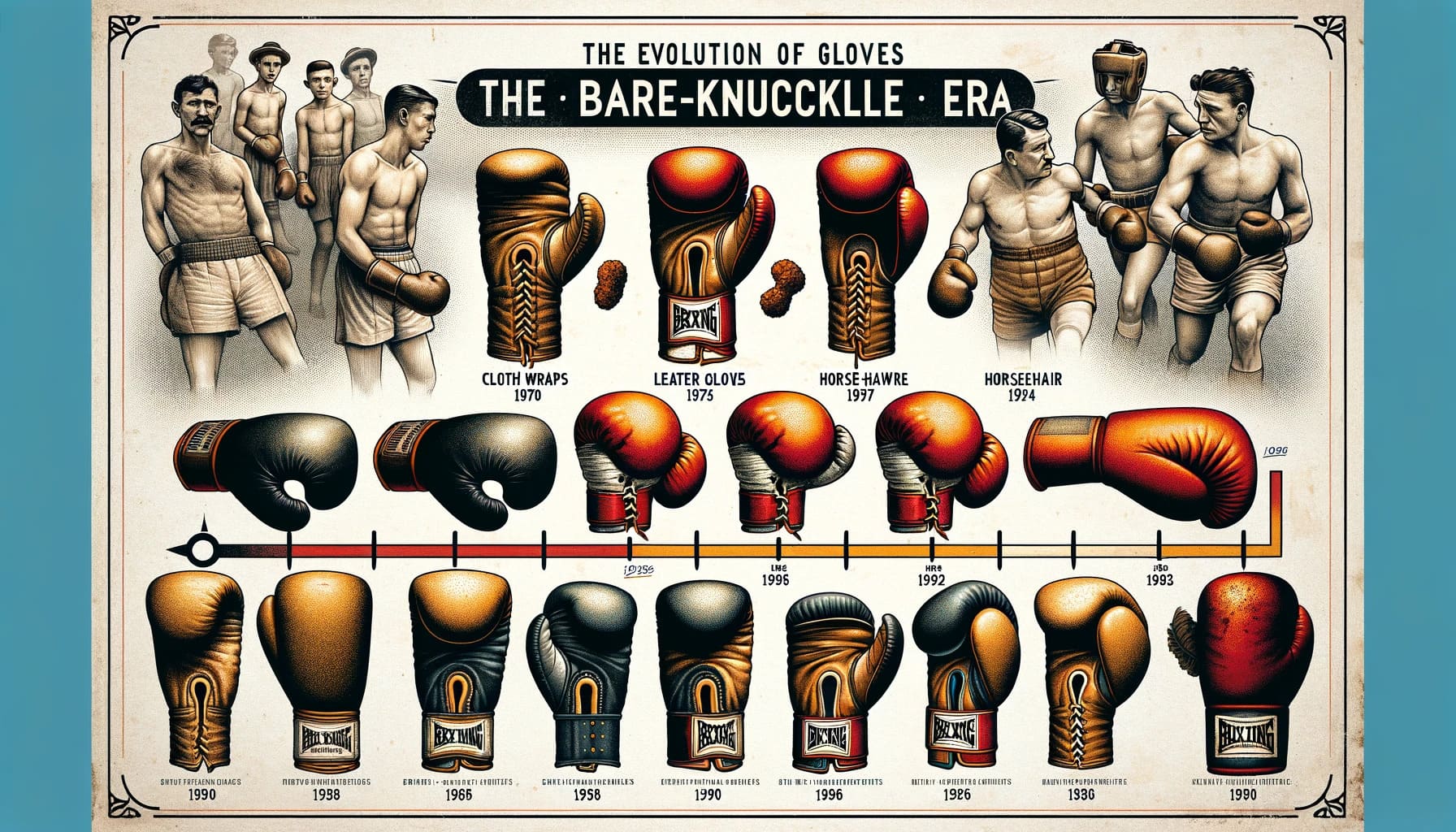 timeline graphic showing the evolution of boxing gloves from the bare knuckle era to the contemporary era. The image should feature illustrations of